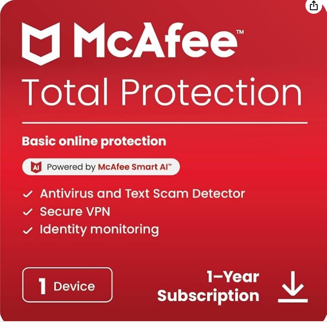 McAfee Total Protection 1-Device 2026 | Security Software Includes Antivirus,VPN, Scam Protection, Identity Monitoring | 1-Year Subscription with Auto-Renewal | Digital download