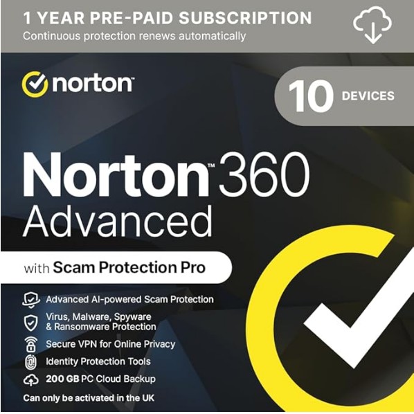 Norton 360 Advanced 2026 | 10 Devices |‎1-Year Subscription ‎‎Automatic Renewal| Activation Code by email